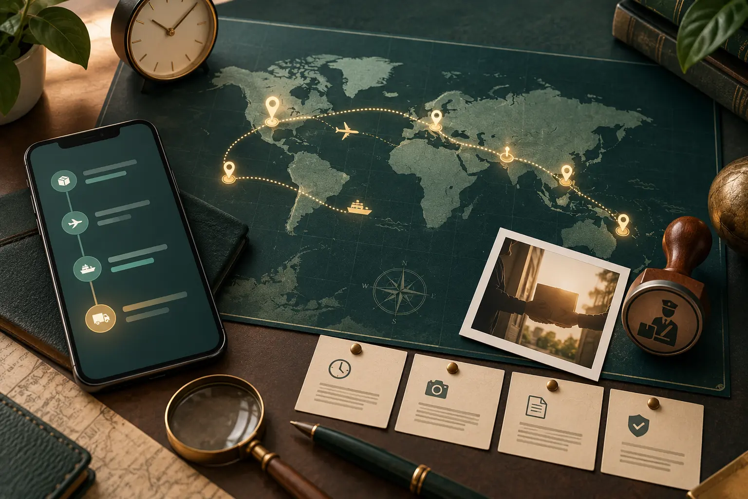 International tracking route, status timeline and delivery evidence cards